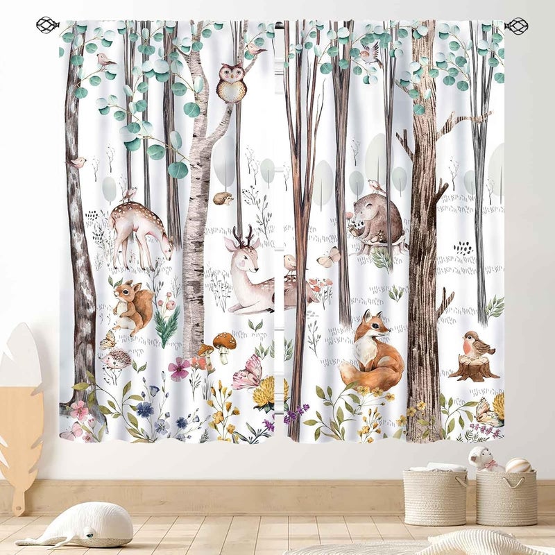TKUYO Woodland Curtains for Kids Room Nursery, Rustic Woodland Wild Animals Watercolor Forest Bear Deer Fox Country Blackout Window Draeps for Baby Girls Boys Bedroom Living Room 2 Panels Set, 84"x63" Inch - Image 1